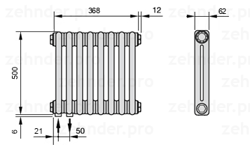 Схема (чертеж) Радиатор Zehnder Charleston 2050/8 №3370 Белый глянцевый RAL 9016